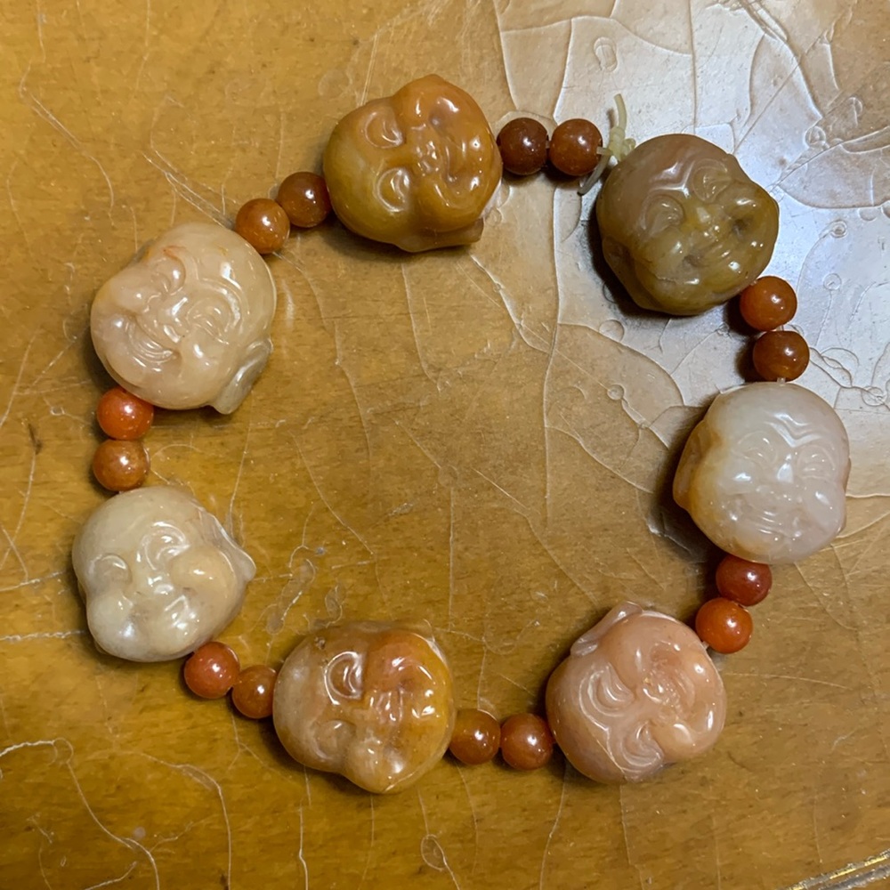 Vintage Chinese Buddha Beaded Bracelet on Elastic Cord